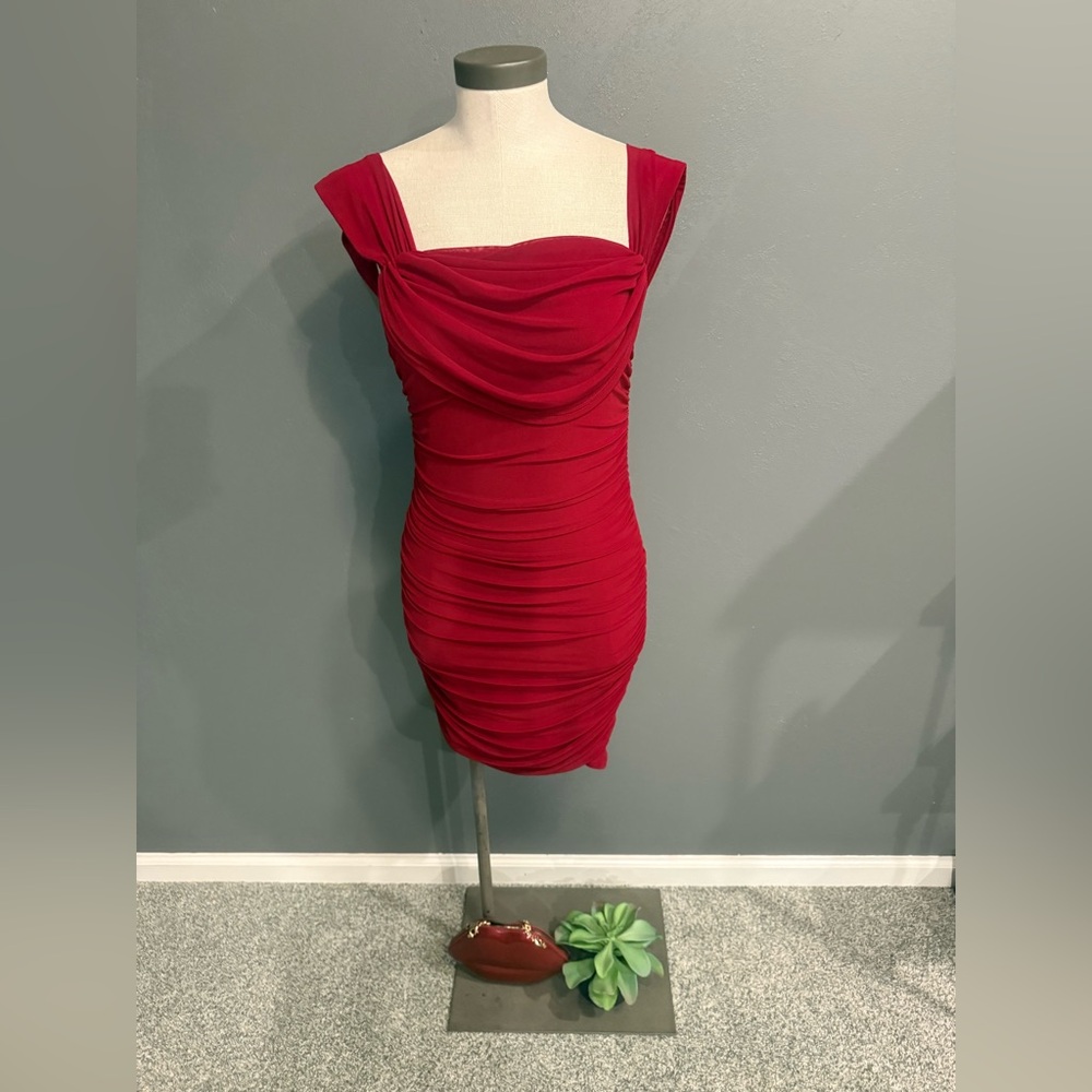 Sculpting Red Ruched Mini Dress with Draped Sweetheart Neckline